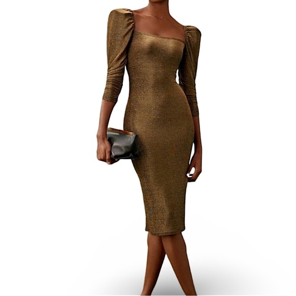 Reformation Rahm Ruched Puff Sleeve Midi Dress in Bronze Sparkle | Size XS - Picture 1 of 16